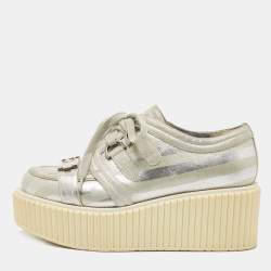 Pre Owned Chanel Silver Leather and Glitter Suede Platform Sneakers Size 36.5