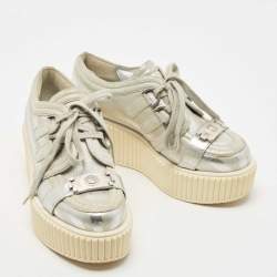 Pre Owned Chanel Silver Leather and Glitter Suede Platform Sneakers Size 36.5