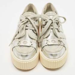 Pre Owned Chanel Silver Leather and Glitter Suede Platform Sneakers Size 36.5