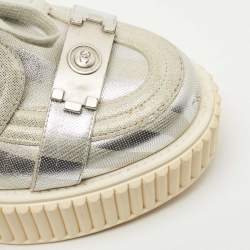 Pre Owned Chanel Silver Leather and Glitter Suede Platform Sneakers Size 36.5
