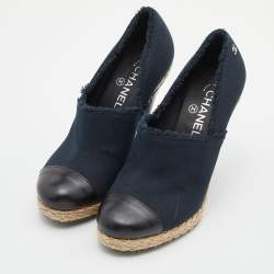 Pre Owned Chanel Dark Blue/Black Canvas and Leather Cap Toe Espadrilles Clogs Size 40