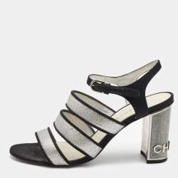 Chanel Metallic Silver Glitter And Canvas CC Block Heel Strappy Sandals Size 38.5
