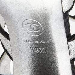 Chanel Metallic Silver Glitter And Canvas CC Block Heel Strappy Sandals Size 38.5