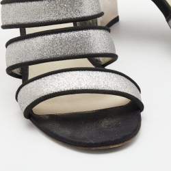 Chanel Metallic Silver Glitter And Canvas CC Block Heel Strappy Sandals Size 38.5