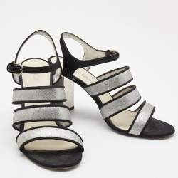 Chanel Metallic Silver Glitter And Canvas CC Block Heel Strappy Sandals Size 38.5