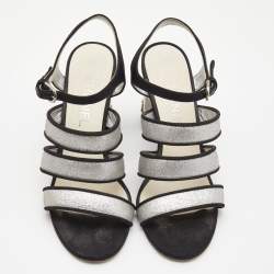 Chanel Metallic Silver Glitter And Canvas CC Block Heel Strappy Sandals Size 38.5