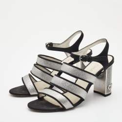 Chanel Metallic Silver Glitter And Canvas CC Block Heel Strappy Sandals Size 38.5