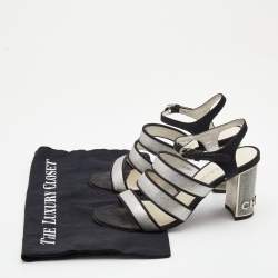 Chanel Metallic Silver Glitter And Canvas CC Block Heel Strappy Sandals Size 38.5