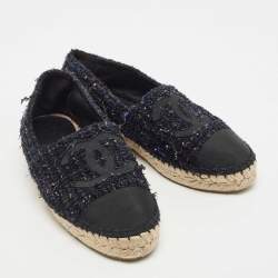 Chanel Navy Blue/Black Tweed and Canvas Cap Toe CC Espadrille Flats Size 37