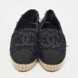 Chanel Navy Blue/Black Tweed and Canvas Cap Toe CC Espadrille Flats Size 37