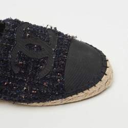 Chanel Navy Blue/Black Tweed and Canvas Cap Toe CC Espadrille Flats Size 37
