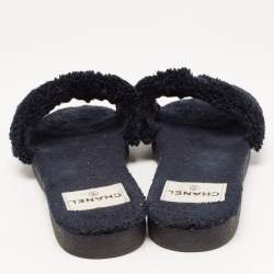Chanel Navy Blue Shearling Fur CC Slide Flats Size 39