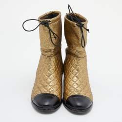 Pre Owned Chanel Gold Leather Quilted CC Logo Ankle Boots Size 38.5
