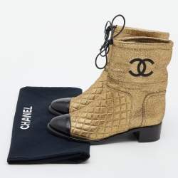 Pre Owned Chanel Gold Leather Quilted CC Logo Ankle Boots Size 38.5