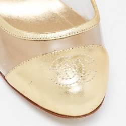Pre Owned Chanel Gold Leather and PVC CC Pumps Size 37.5