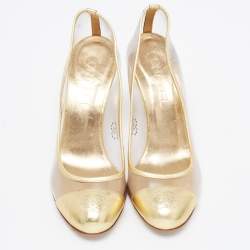 Pre Owned Chanel Gold Leather and PVC CC Pumps Size 37.5