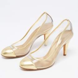 Pre Owned Chanel Gold Leather and PVC CC Pumps Size 37.5