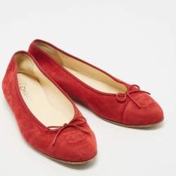Pre Owned Chanel Red Suede Bow CC Cap Top Ballet Flats Size 41