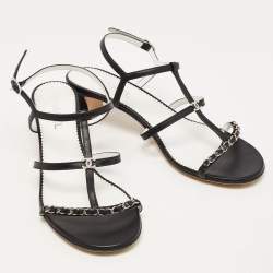Pre Owned Chanel Black Leather CC Chainlink Slingback Sandals Size 42