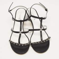 Pre Owned Chanel Black Leather CC Chainlink Slingback Sandals Size 42