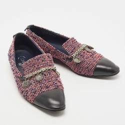 Pre Owned Chanel Tricolor Tweed and Leather Embellished CC Cap-Toe Smoking Slipper Size 40