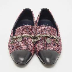 Pre Owned Chanel Tricolor Tweed and Leather Embellished CC Cap-Toe Smoking Slipper Size 40