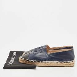 Pre Owned Chanel Navy Blue/Black Leather CC Cap Toe Espadrille Flats Size 40