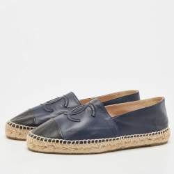 Pre Owned Chanel Navy Blue/Black Leather CC Cap Toe Espadrille Flats Size 40