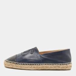 Pre Owned Chanel Navy Blue/Black Leather CC Cap Toe Espadrille Flats Size 40