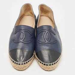 Pre Owned Chanel Navy Blue/Black Leather CC Cap Toe Espadrille Flats Size 40