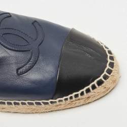 Pre Owned Chanel Navy Blue/Black Leather CC Cap Toe Espadrille Flats Size 40