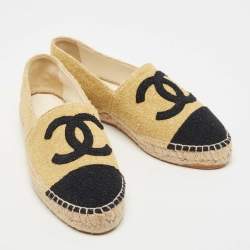 Pre Owned Chanel Gold/Black Lurex Fabric CC Cap Toe Espadrille Flats Size 41