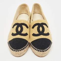 Pre Owned Chanel Gold/Black Lurex Fabric CC Cap Toe Espadrille Flats Size 41
