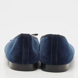 Pre Owned Chanel Navy Blue Velvet and Canvas CC Cap Toe Ballet Flats Size 40.5