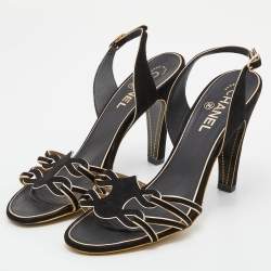 Chanel Black Suede Cut Out CC Slingback Sandals Size 39