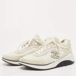 Pre Owned Chanel Two Tone Suede and Knit Fabric CC Low Top Sneakers Size 38