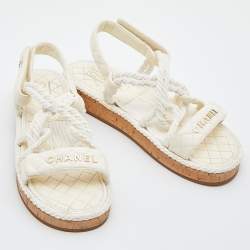 Pre Owned Chanel Ivory Cord and Leather Cork Flat Slingback Sandals Size 41