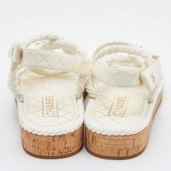 Pre Owned Chanel Ivory Cord and Leather Cork Flat Slingback Sandals Size 41