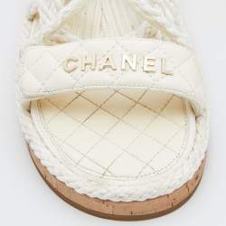 Pre Owned Chanel Ivory Cord and Leather Cork Flat Slingback Sandals Size 41