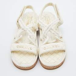 Pre Owned Chanel Ivory Cord and Leather Cork Flat Slingback Sandals Size 41