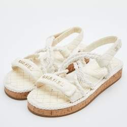 Pre Owned Chanel Ivory Cord and Leather Cork Flat Slingback Sandals Size 41