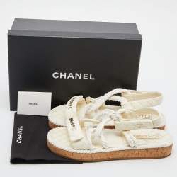 Pre Owned Chanel Ivory Cord and Leather Cork Flat Slingback Sandals Size 41