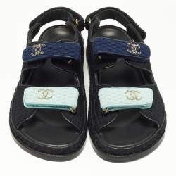 Pre Owned Chanel Multicolor Knit Fabric and Leather Velcro Dad Sandals Size 40.5