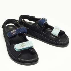 Pre Owned Chanel Multicolor Knit Fabric and Leather Velcro Dad Sandals Size 40.5