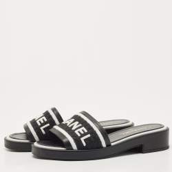 Chanel White/Black Leather and Canvas CC Logo Flat Slides Size 39