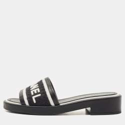 Chanel White/Black Leather and Canvas CC Logo Flat Slides Size 39