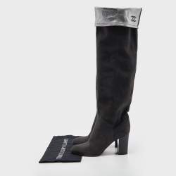 Chanel Grey Suede and Leather Knee Length Boots Size 38.5