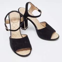 Chanel Black Suede CC Ankle Strap Sandals Size 39