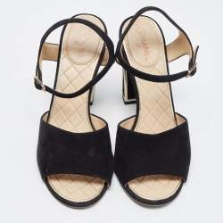 Chanel Black Suede CC Ankle Strap Sandals Size 39