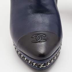 Chanel Navy Blue/Black Leather Cap Toe Ankle Boots Size 38.5